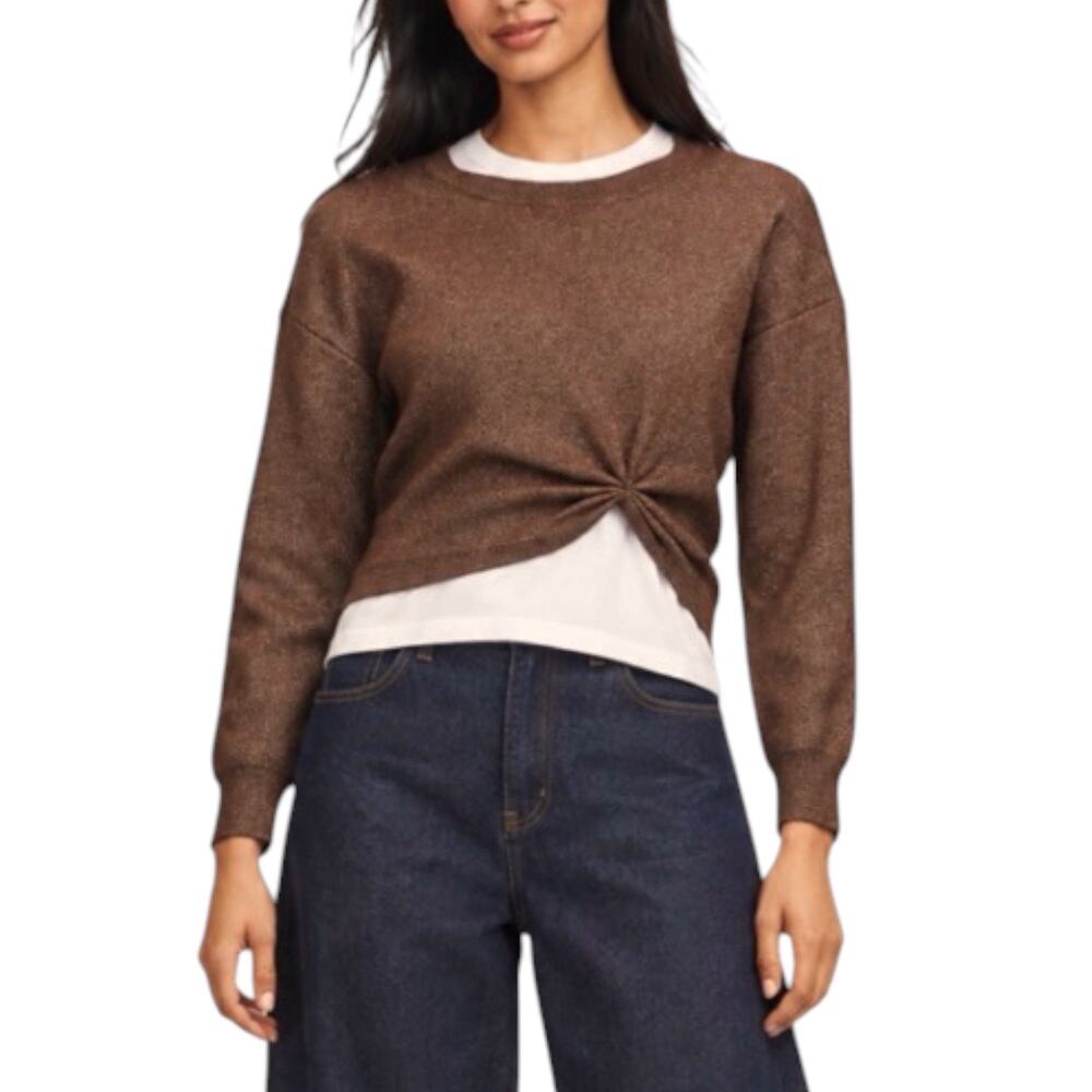 Anthropologie Chocolate Brown Metallic Sweater Women's L Cropped Twist Front NEW